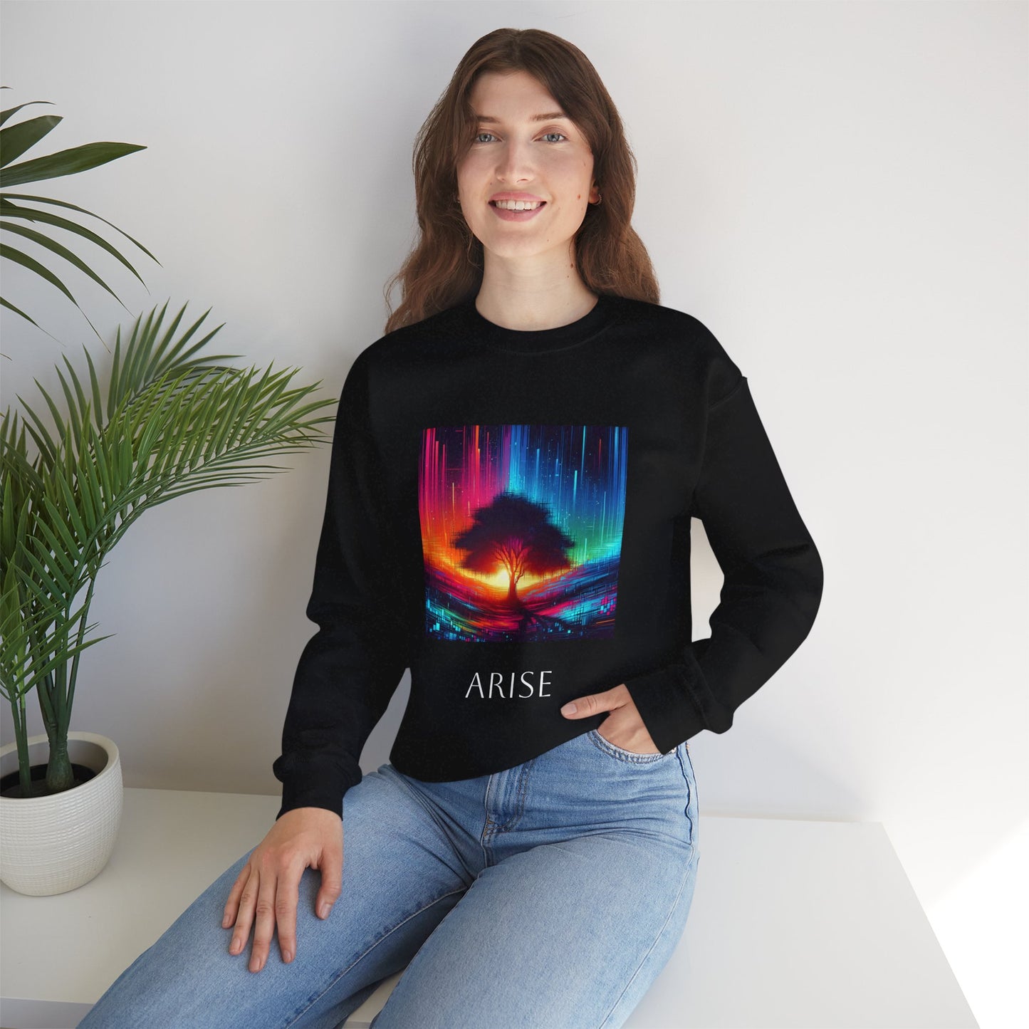 Colorful Tree Vibe Crewneck Sweatshirt - 'ARISE' Inspirational Design