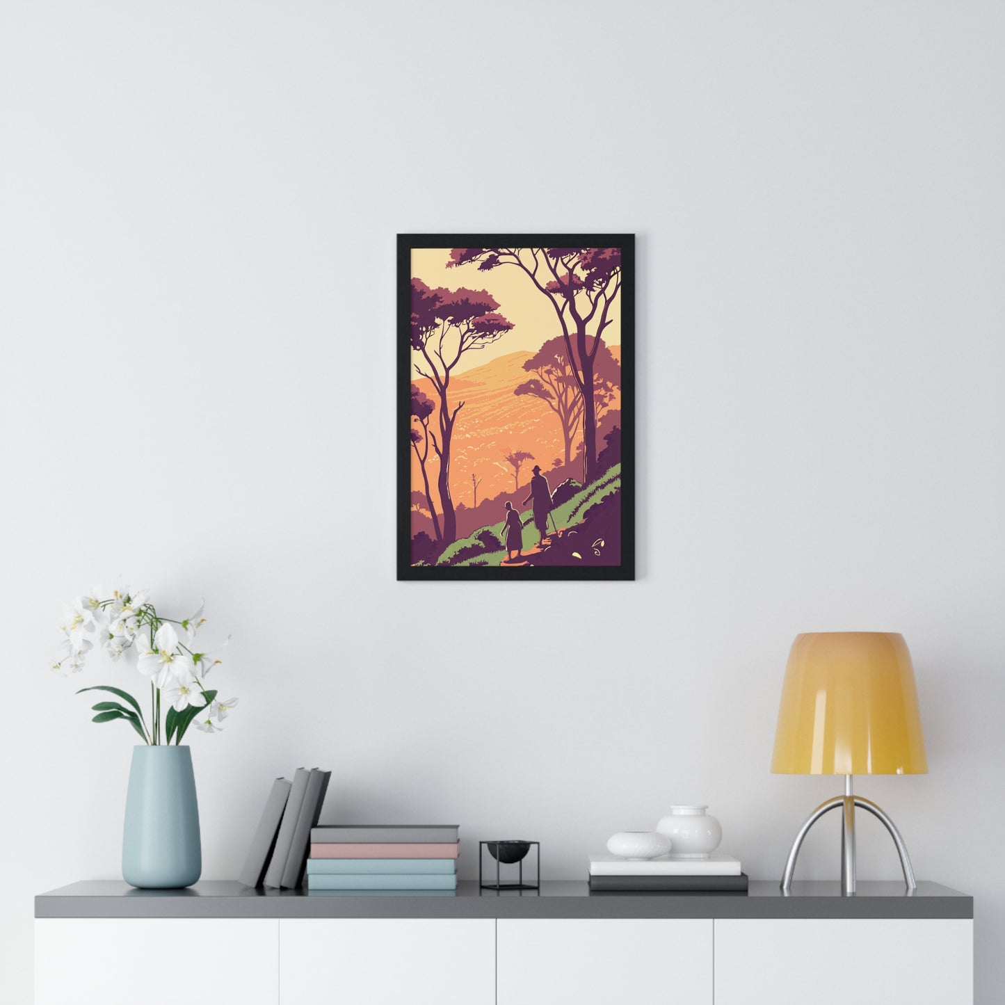 Scenic Nature Framed Poster - Father & Child Walking in Tranquil Sunset Landscape