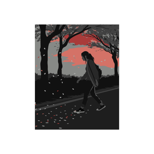 Poster Print - Young Woman Walking in Sunset Landscape