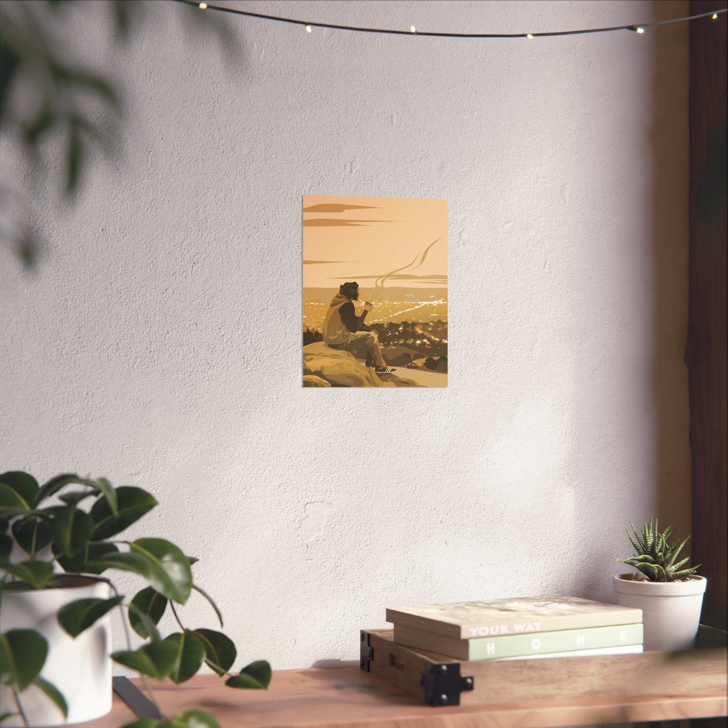 Art Poster - Contemplative Young Man in Cityscape Sepia Tone Digital Illustration