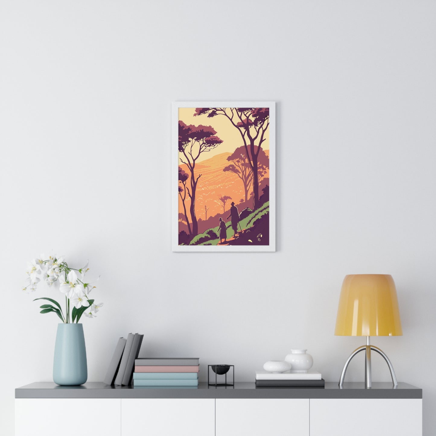 Scenic Nature Framed Poster - Father & Child Walking in Tranquil Sunset Landscape