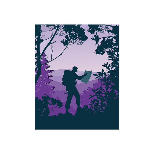 Poster - Explorer Man in Sunset Forest Landscape