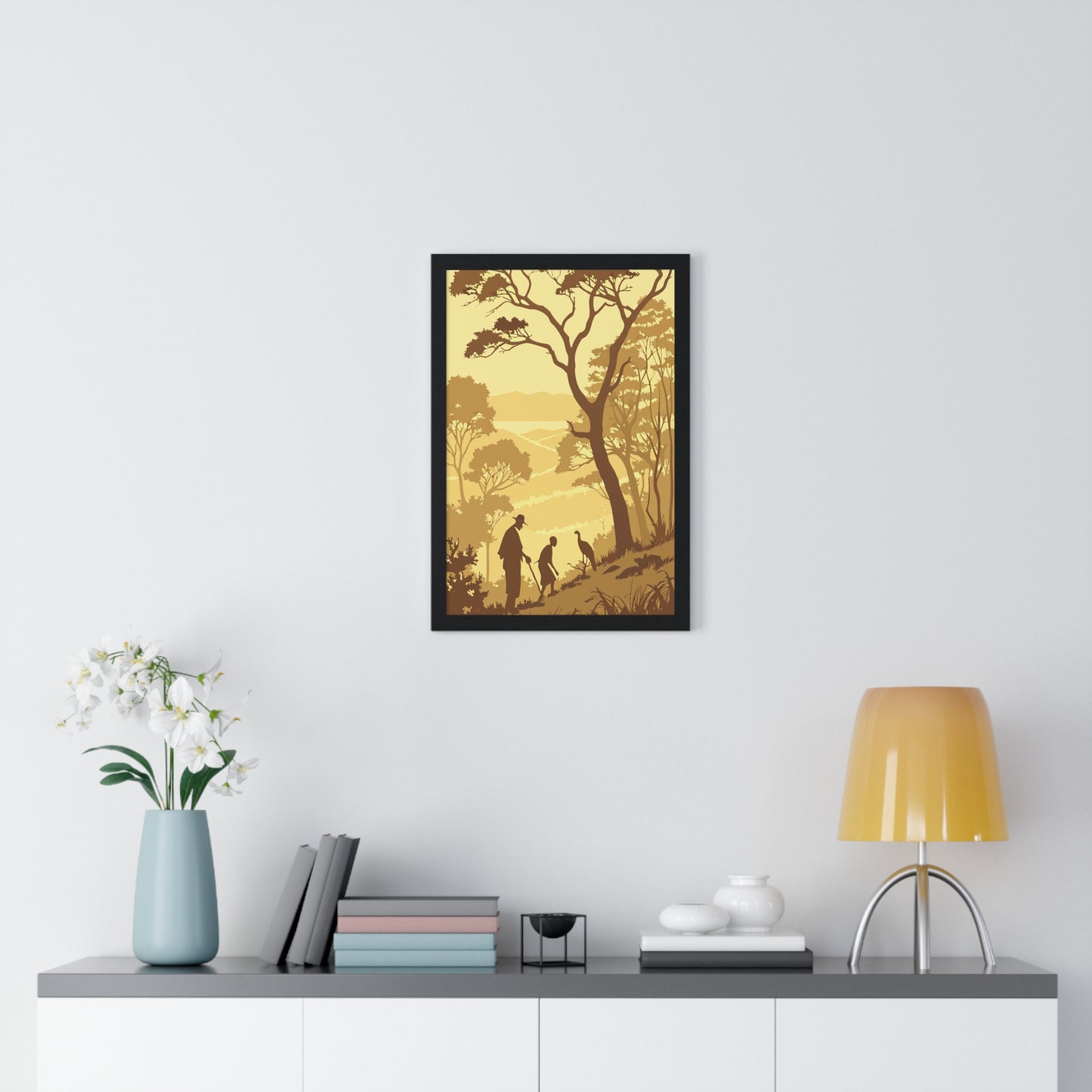 Nature-Inspired Vertical Framed Poster - Serene Landscape with Silhouettes