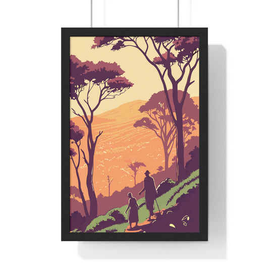 Scenic Nature Framed Poster - Father & Child Walking in Tranquil Sunset Landscape