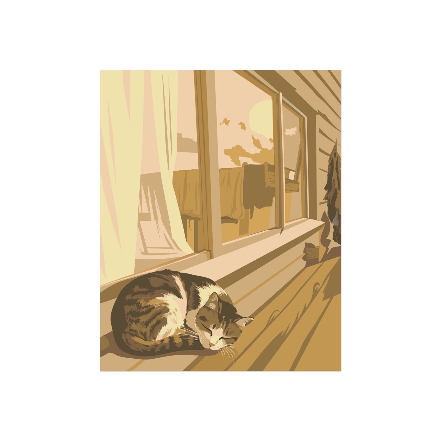 Fine Art Posters - Serene Sepia Sleeping Cat Digital Illustration Print