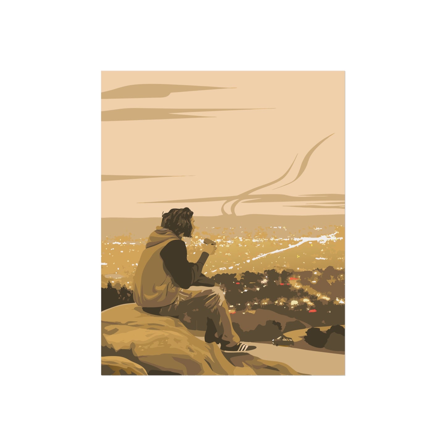 Art Poster - Contemplative Young Man in Cityscape Sepia Tone Digital Illustration