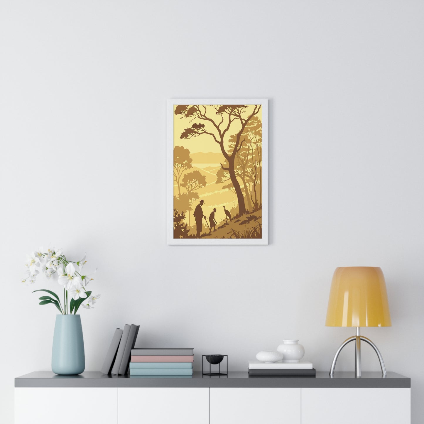 Nature-Inspired Vertical Framed Poster - Serene Landscape with Silhouettes